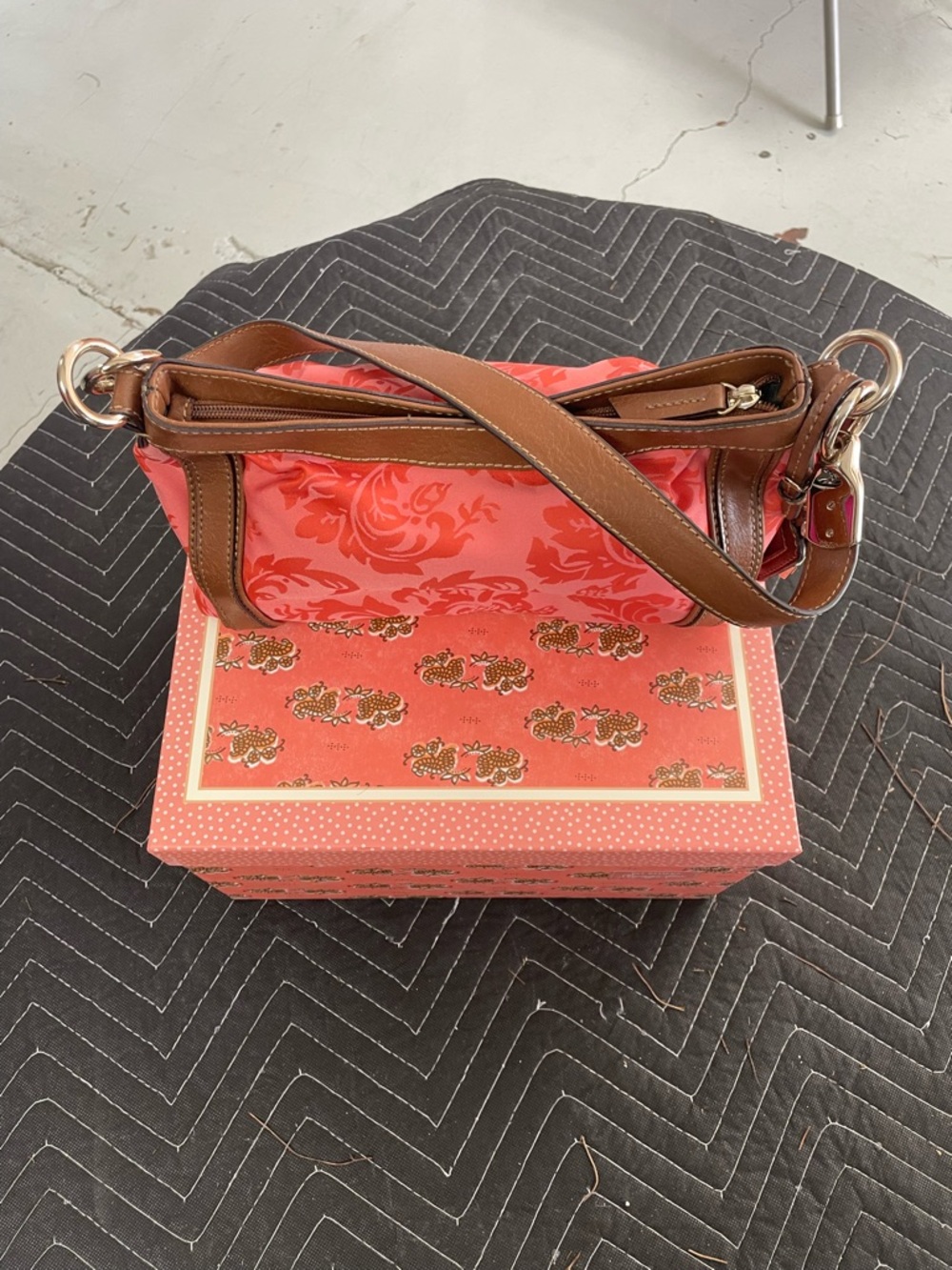 Liz Claiborne Coral Floral Crossbody with Brown Trim